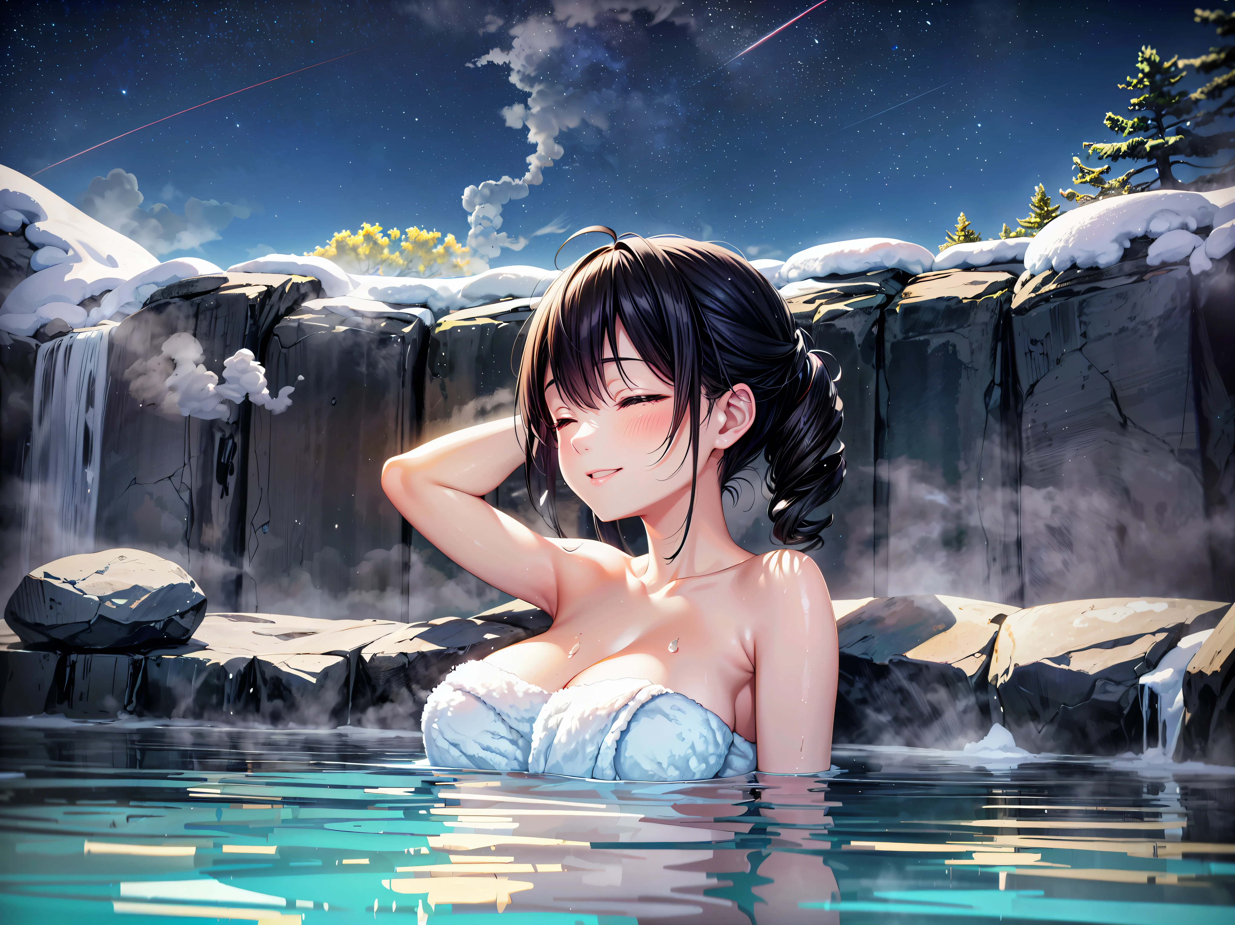 ( Ultra HD), (Super detailed), (Best Quality), Young woman,  wrap a white towel around your body,  Japanese Hot Springs,  Open-air Bath, Rock bath,  Yukemuri, ( steam :1.5), ((Submerge your body in the bath)), sit, relax,  upper body, Stretch your arms up,  close your eyes and laugh, smile, 積もったsnow, (snow:1.1), (((looking up at night sky, from below, at side))), Starry Sky, Meteor Shower, 