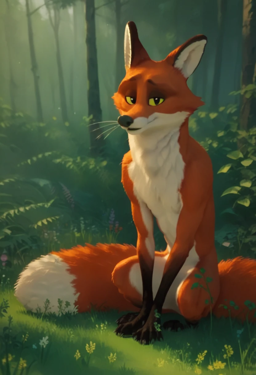 Fink, red fox, male, sitting, furry, full body, looking at viewer, forest background,long black eyelashes