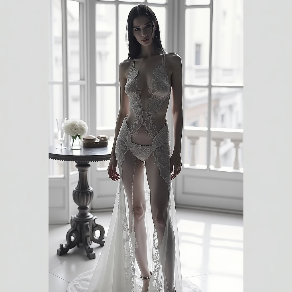 Rachel Pizzolato, age 25, (alien sheer gown, 50s styling, odd makeup) as an alien princess, space ship behind her (landing gear down) seductive approach to viewer, suburb at night
