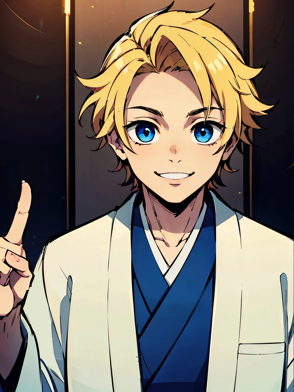  boy, Blonde and blue eyes, pale skin, white kimono, adorable smile.