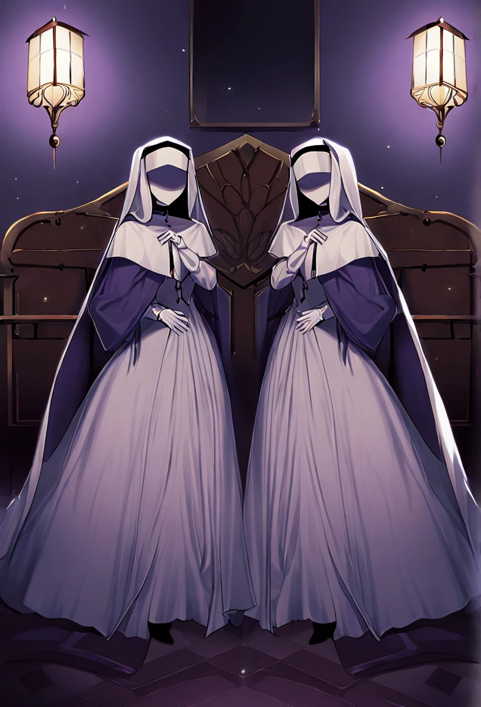 (2girls, couple) Nun, long skirt, long over loose sleeves, white gloves, faceless, handless, nun outfits, 
cape covering whole body, long cape, scary cape, sexy, sexy pose, heels boots, room, bed, sleeping together