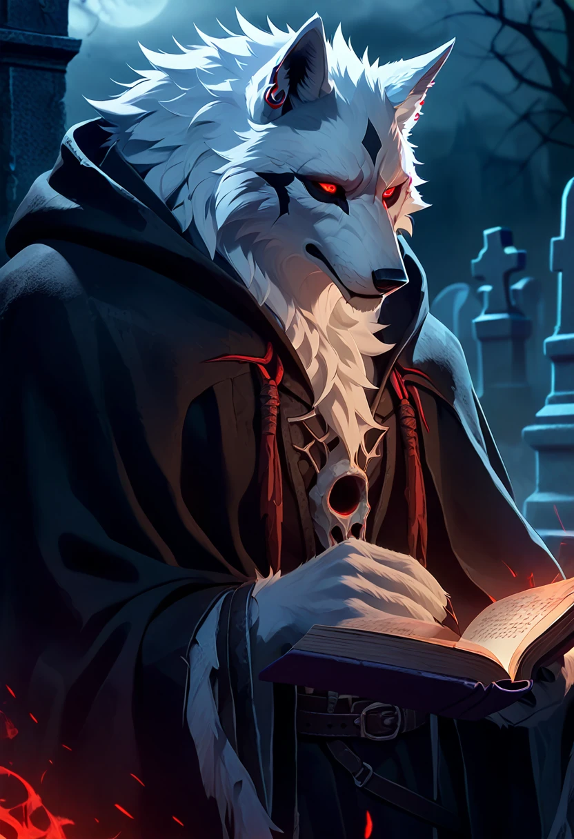 White wolf, red eyes, black eyewhites, hot, detailed fur, grimm reaper clothes, graveyard background, muscular, ear piercing, book in hand, very detailed, character portairt, sad