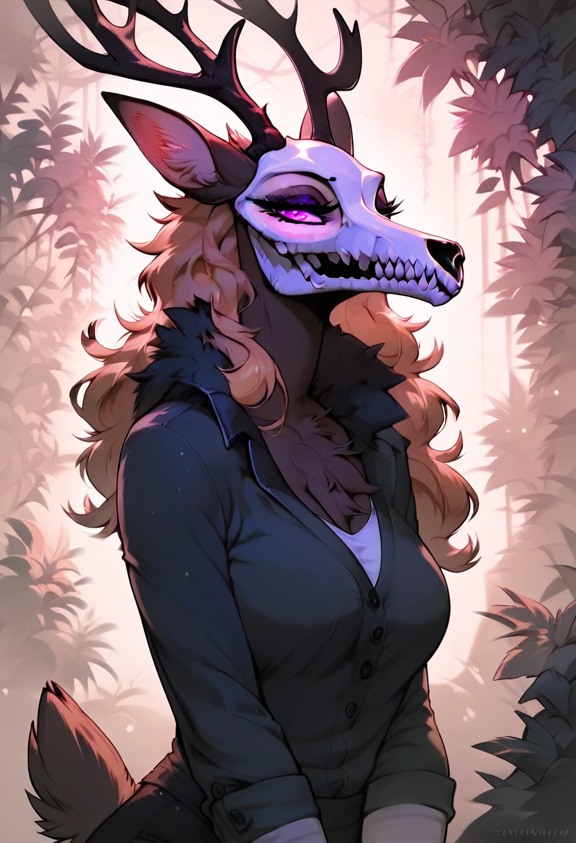 ((furry girl))  female Wendigo with sexy body and beautiful and long hair, dressed as Catrina  ((Furry wendigo )) (( furry catrina ))