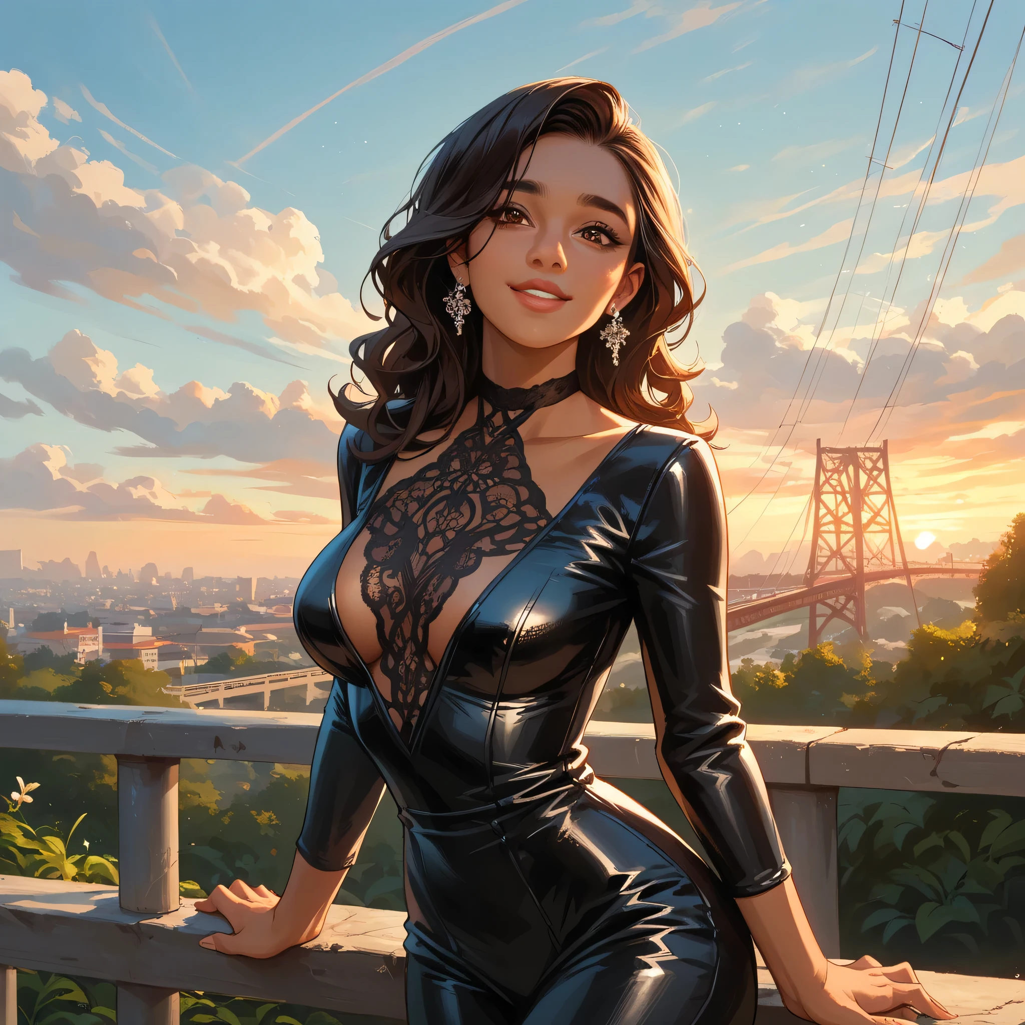 NSFW, erotic, perfect body, sexy, best quality, clear quality, high quality, 4K, 8k,  latina girl with dark skin , in an evening suit , dark-brown ,  longer hair,  brown eye , beautiful, attractive, adult, dark skin.  walks near the bridge , smiles, on the bridge, Sunset,  romantic atmosphere,  Latin American dance teacher