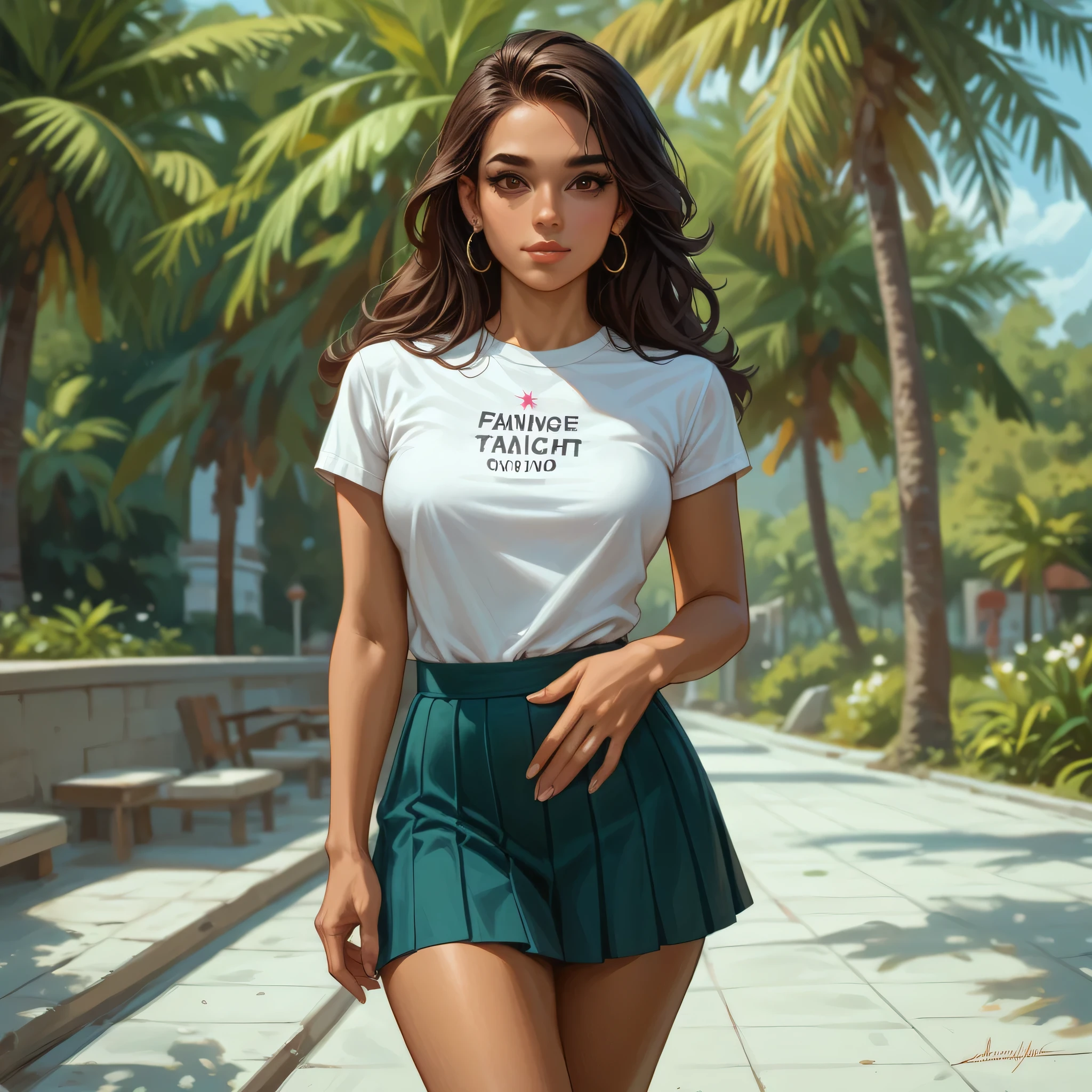 NSFW, erotic, perfect body, sexy, best quality, clear quality, high quality, 4K, 8k,  latina girl with dark skin , naked, in a short skirt, dark-brown ,  longer hair,  brown eye , beautiful, attractive, adult, dark skin.  neckline t-shirt poses sexy, on the island , sexy, twilight,  romantic atmosphere,  Latin American dance teacher