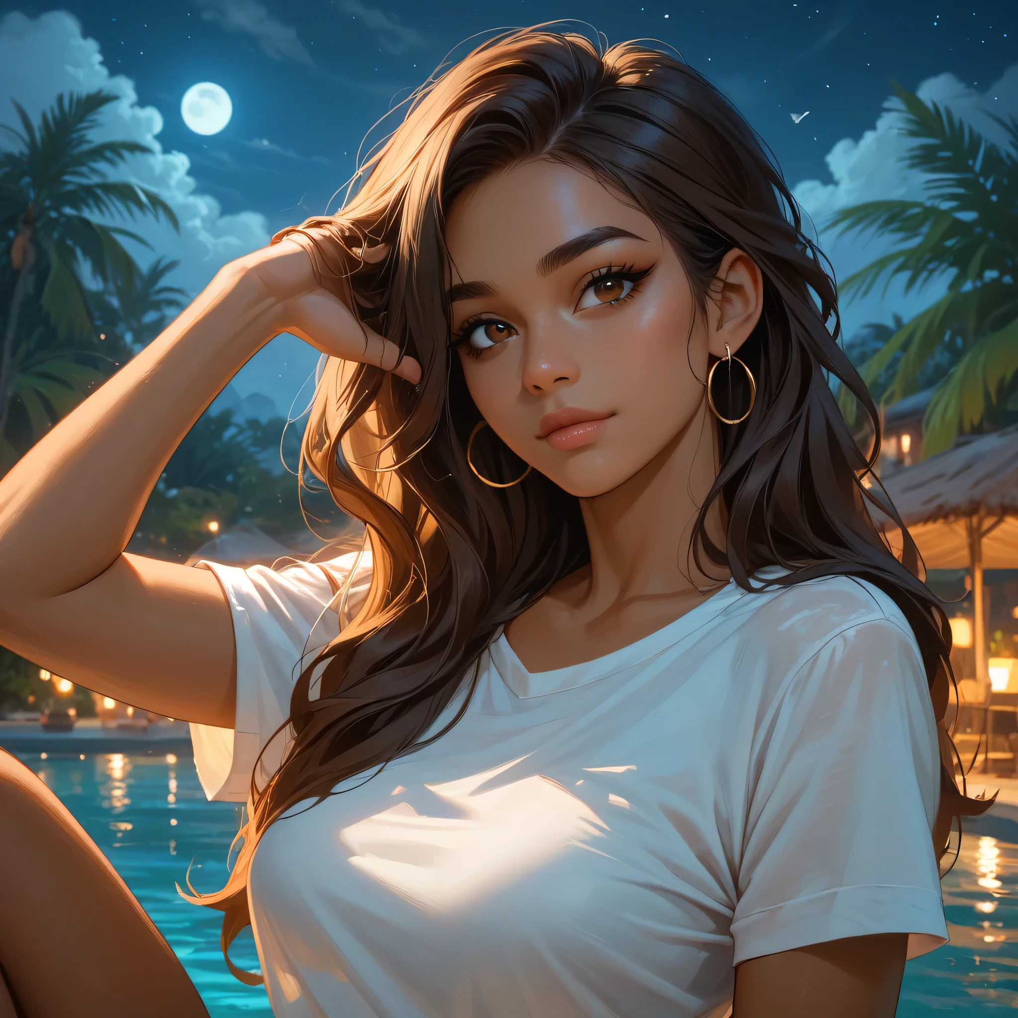 NSFW, erotic, perfect body, sexy, best quality, clear quality, high quality, 4K, 8k,  latina girl with dark skin , naked, dark-brown ,  longer hair,  brown eye , beautiful, attractive, adult, without clothes, dark skin.  neckline t-shirt poses sexy, on the island , sexy, Night,  romantic atmosphere