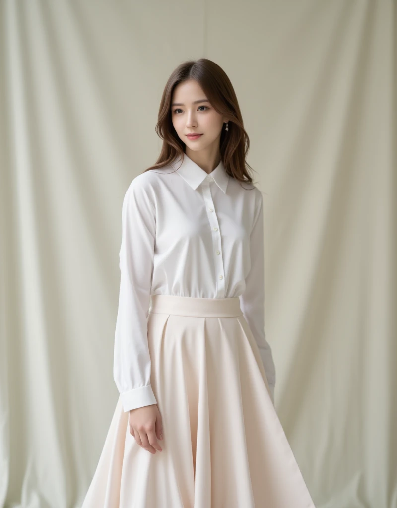 A portrait of a young woman, captured in a minimalist setting. Wearing a white Blause and elegant skirt.