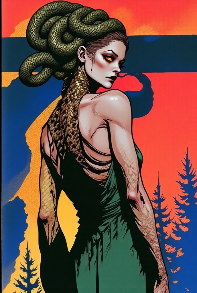 Medusa, comic panel, candid,((art style "Sean Gordon Murphy" comic drawing, splash panel)), snake skin dress, (background, pine barrens, entropy, rewilding, magic hour nautical twilight), body drawn in Frederic Delavier musculature anatomical illustration art style, (face, ornate black metal corpse paint, resembles Grace Jones), silhouette, full body portrait, (body, Naga, snakefolk, lower body snake tail, snake woman hybrid, bald, hairless, skeleton, snake skin tattoos, piercing eyes, snake pupils), craftsmanship nuance, full body portrait, (colors, forest green to earth brown, merge bleak muted deep fiery radiant glowing CMYK hues, (horror, abstract, surreal, body, cosmic), (art style Gerardo Zaffino charcoal), double exposure, optical illusion, nyctophobia, subliminal orchids, unfinished,