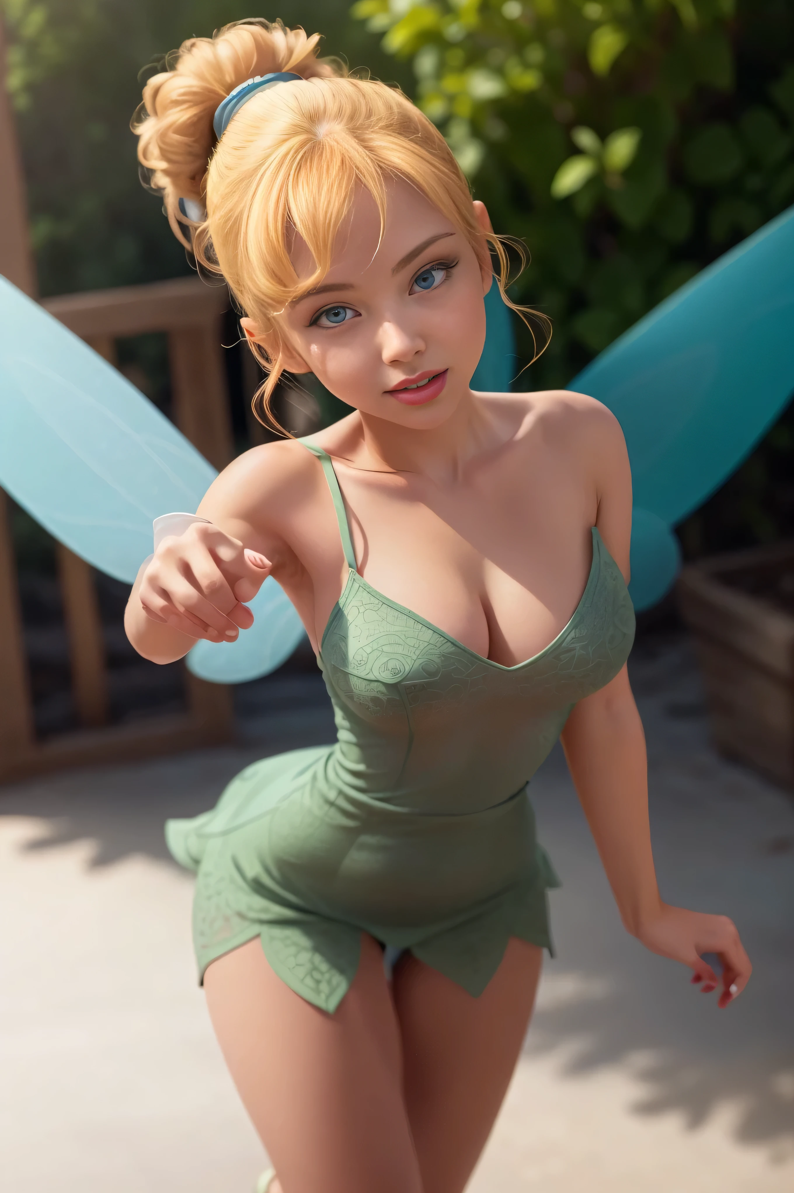 (Tinker Waifu:1), smile, (sexy, naughty pose), cute, like face, looking at the viewer, Expressive eyes, big breasts, neckline, single hair bun, short hair, (Green strapless dress:1), (fairy wings), (Focus on breasts:1.2), (Julius Zimmerman Style), from above, (realist:1.2), (Realism), (masterpiece:1.2), (Best Quality), (ultra detailed), (8k, 4k, Intricate), (Full body photo:1), (cowboy shot:1.2), (85mm), light particles, switched on, (Very detailed:1.2), (detailed face:1.2), (gradients), striking, (detailed eyes:1.2), (detailed background), detailed landscape, (dynamic angle:1.2), (dynamic pose:1.2), (Third rule_Composition:1.3), (Line of action:1.2), light, alone, sexy, show skin