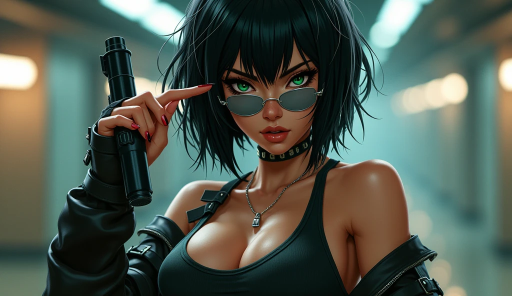 Girl with black shaggy layered bob hair and green eyes wearing crop top with jacket and denim shorts, muscular body and arms, thick eyebrows, thick eyeliner, raising right eyebrow, lip filler, big boobs, wearing transparent aviators, holding a gun, cyberpunk, freckles, dimples, lip filler, eyelashes, thick eyeliner, thick eyebrows, raising right eyebrow 