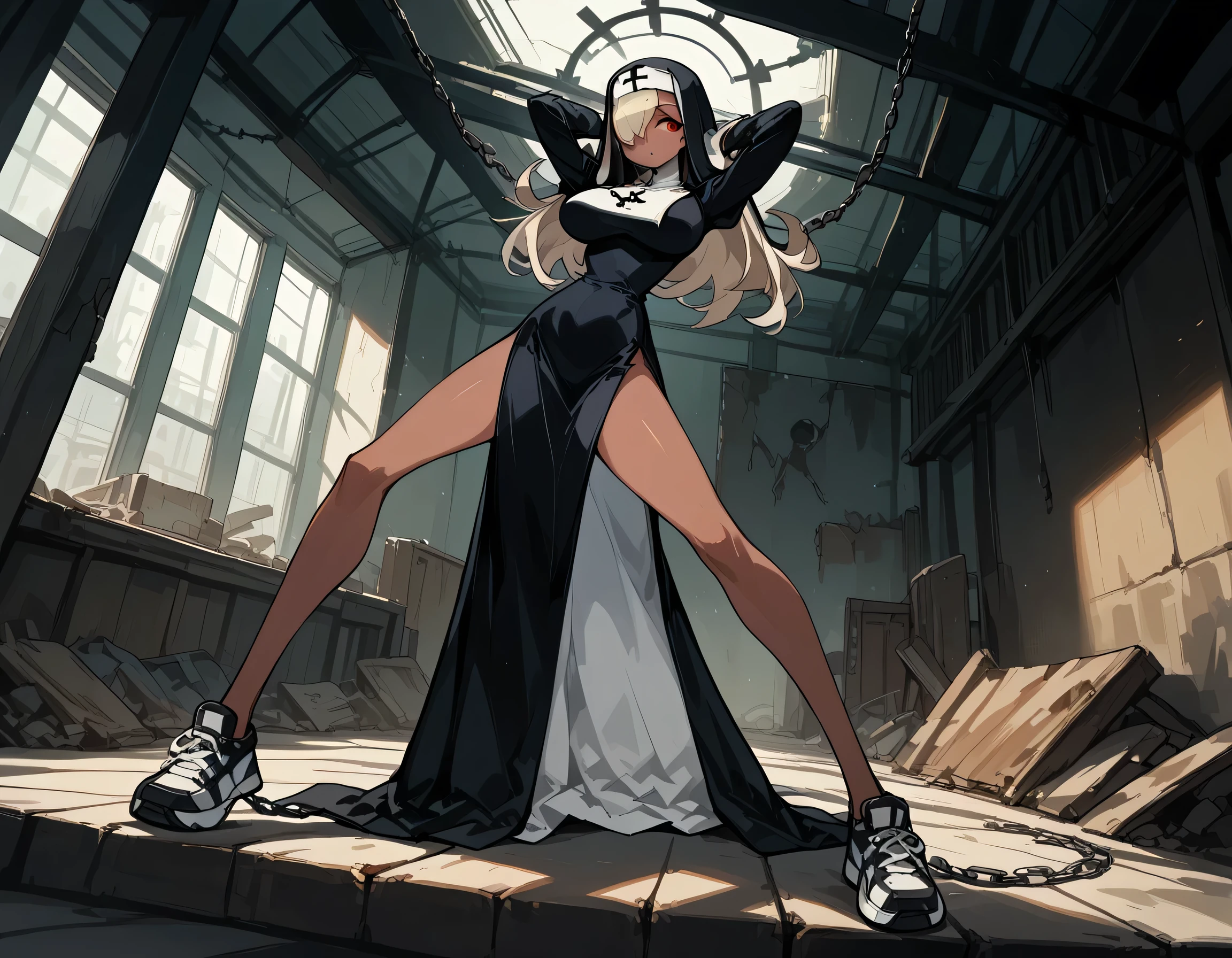 masterpiece, 4k, details, extreme details, high resolution , skullgirl art style , 1 woman , brown skin , white long hair, red eyes, hair cover one eye , mischievous face , nun costume , large breasts , leg slit dress , long legs , sneakers , hands behind head , Chain locks both hands , spread legs , abandoned factory 