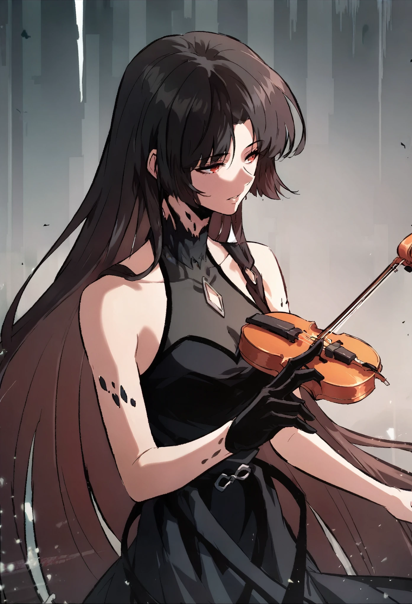 Moebius, red eyes, black hair, very long hair, black dress, sleeveless, black gloves, cleavage cutout,playing a violin.