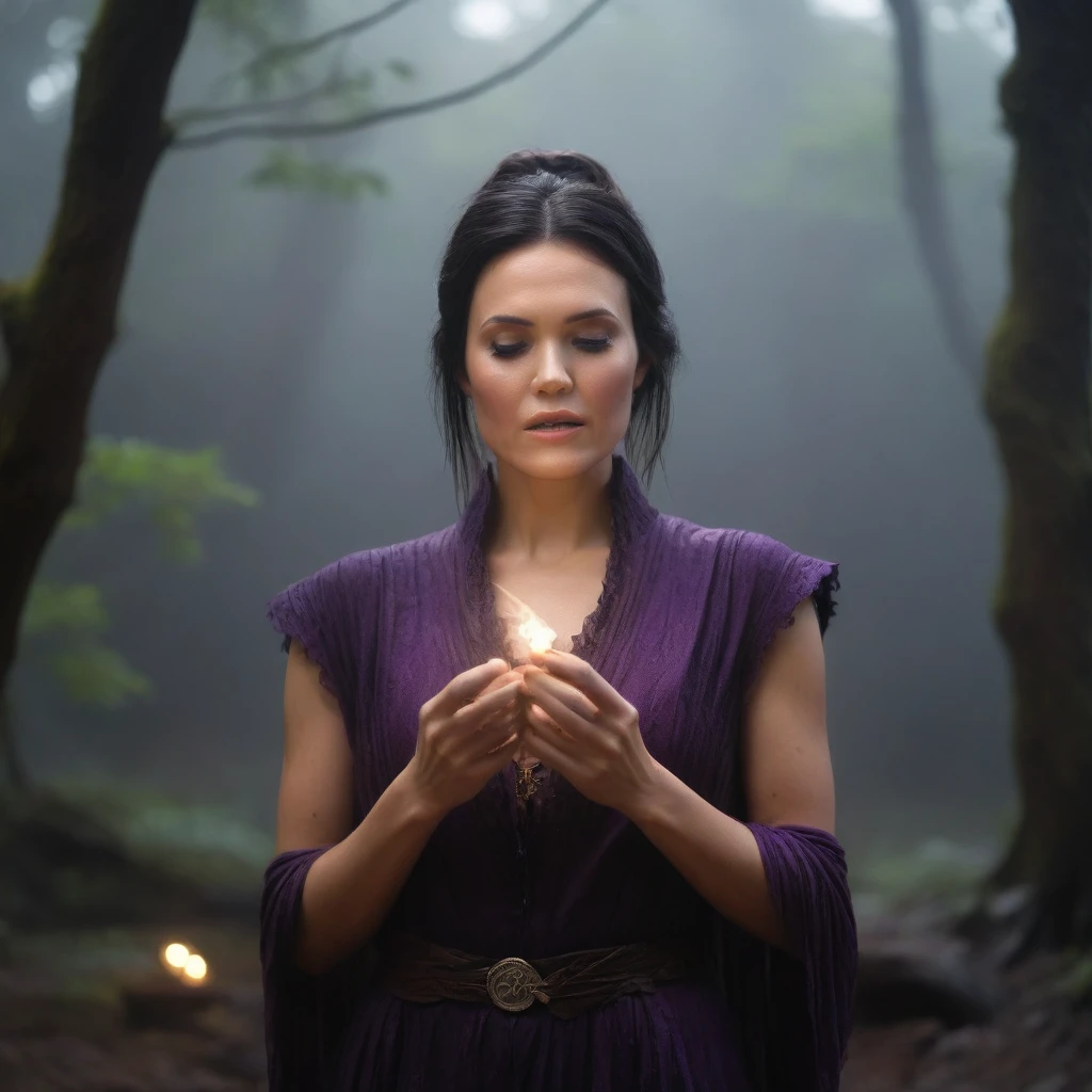 best quality, highres, 8k, masterpiece, photography, detailed midbody photorealistic portrait of Mandy Moore as Morrigan from Dragon Age, positioned by an ancient stone altar in a misty swamp, her black hair pulled into a tousled updo, with loose strands framing her face. Dressed in a deep purple and black leather ensemble with feathered details and a talisman around her neck, she exudes a mystical presence. Holding a small vial, she performs an incantation, surrounded by glowing runes, as fog curls around her feet, capturing the dark, magical ambiance. 40 years old, (real skin texture: 1.3), (slender figure: 1.1), six-pack abs, (Immersive Ambience, Chiaroscuro: 1.5, Dim Light: 1.2, Glow Lighting), (Bokeh: 1.5), Blurred, high contrast, (Fuji colours: 1.5), film grain