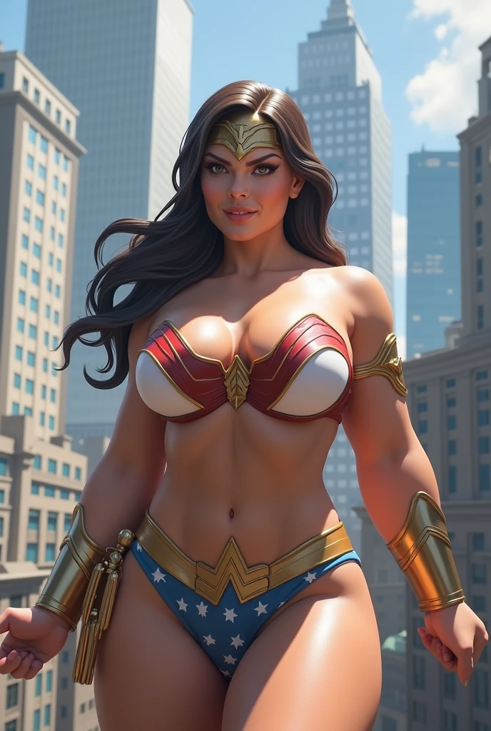 g4lg, wonder woman, ((wearing a white Real Madrid tshirt)), (pretty face:1.2), (finely detailed face and beautiful eyes), mature female, muscle, bare hands, (armlet, blue armor skirt, bracer, head ring ), (black eyes, black long hair, messy hair, floating hair), ((white Real Madrid tshirt)), (long proportional legs), (best quality:1.1),(city background:1.2), dark_fantasy,, ((masterpiece)),