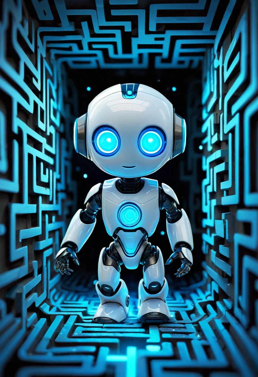 chibi, robot, cute, super deformed, white body, glowing blue eyes, wandering through a fluorescent maze, various effects, delicate and dynamic textures, 2.5D, digital graphic CG fantasy art, ultra detailed, absolutely resolution, best quality