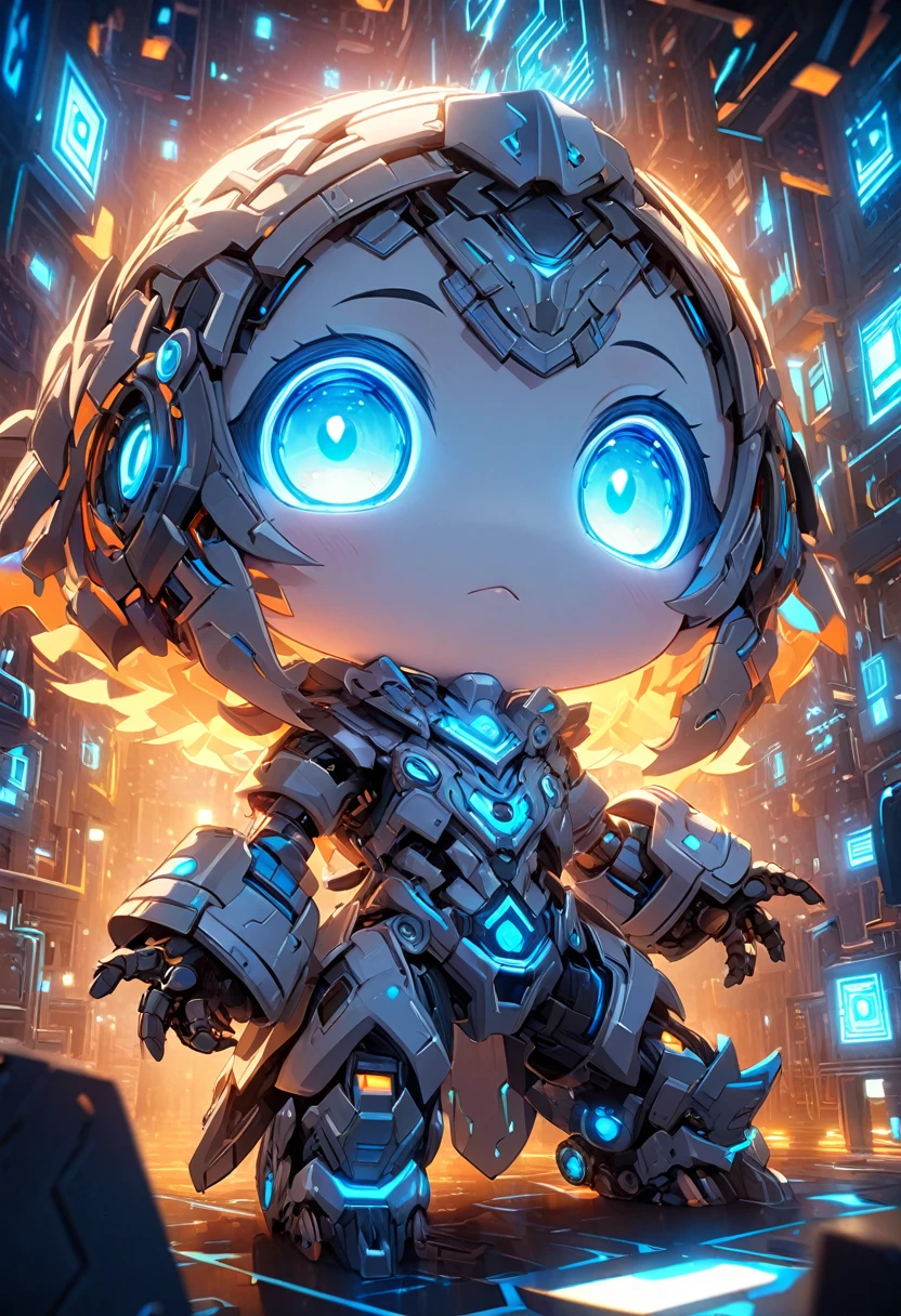 chibi, robot, cute, super deformed, white body, glowing blue eyes, wandering through a fluorescent maze, various effects, delicate and dynamic textures, 2.5D, digital graphic CG fantasy art, ultra detailed, absolutely resolution, best quality