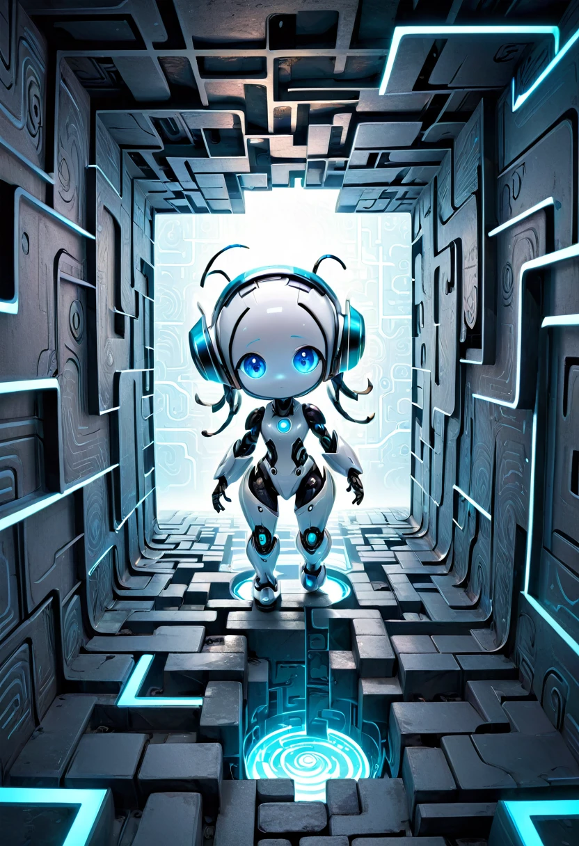 chibi, robot, cute, super deformed, white body, glowing blue eyes, wandering through a fluorescent maze, various effects, delicate and dynamic textures, 2.5D, digital graphic CG fantasy art, ultra detailed, absolutely resolution, best quality