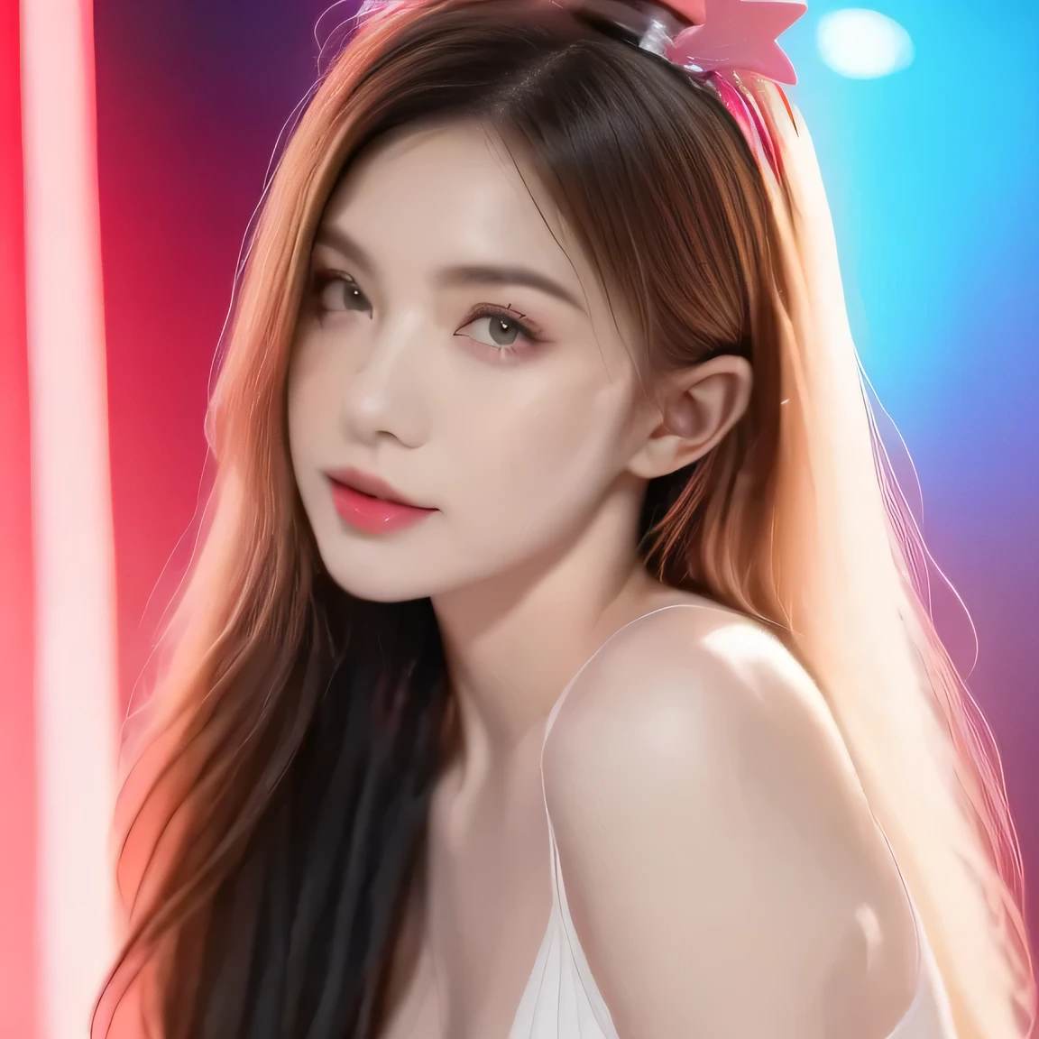 Full body portrait, standing, (colorful fashion ultra-small mini bikini: 1.9), (colorful hair: 1.8), (all colors of the rainbow: 1.8), (vertical: 1.6))), (painting, painting, portrait), cartoon, illustration, painting, large, crystal clear eyes, (rainbow gradient high ponytail: 1.7), exquisite makeup, mouth closed, (small fresh(1.5), (Big: 1.6), long eyelashes, looking at the audience, big watery eyes, (iridescent hair: 1.6), color splash, (solo, :1.8), color splash, color explosion, thick paint style, messy lines, ((sparkling)), (colorful), (colorful), colorful, colorful, chic paint style, (splash) (color splash), vertical painting ,, Paint splash, acrylic pigment, gradient, paint, best quality, best quality, masterpiece, , solo, , depth of field, face paint, colorful clothing, (elegantly: 1.2), gorgeous,long hair, wind, (elegantly: 1.3), (petals: 1.4), (Masterpiece,))))), (Best Quality))), (Ultra detailed))), (Illustration), (Dynamic Angle), ((Floating)), (Paint), (((disheveled hair)), (Solo,), (1 girl), (Detail anima face)))), (Beautiful Detail Face)), Collared, Bare shoulders, White hair, (((Colorful hair)), ((Striped hair)), Beautiful detailed eyes, (Gradient colored eyes), (Colorful eyes)))), ((High Saturation))))) , (((surrounded by colorful splashes))),
