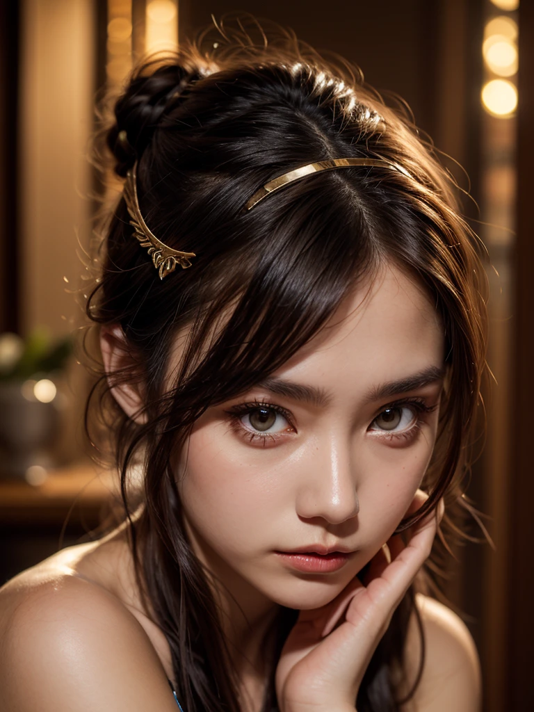 High fantasy bandit, beautiful 20 year old woman, human, dark tan skin, dark hair, dark eyes, high detail, portrait, ruby forehead circlet, fully clothed