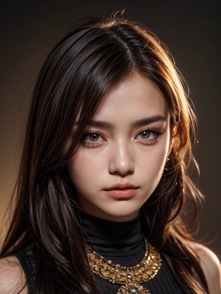 High fantasy bandit, beautiful 20 year old woman, human, dark tan skin, dark hair, dark eyes, high detail, portrait, ruby forehead circlet, fully clothed