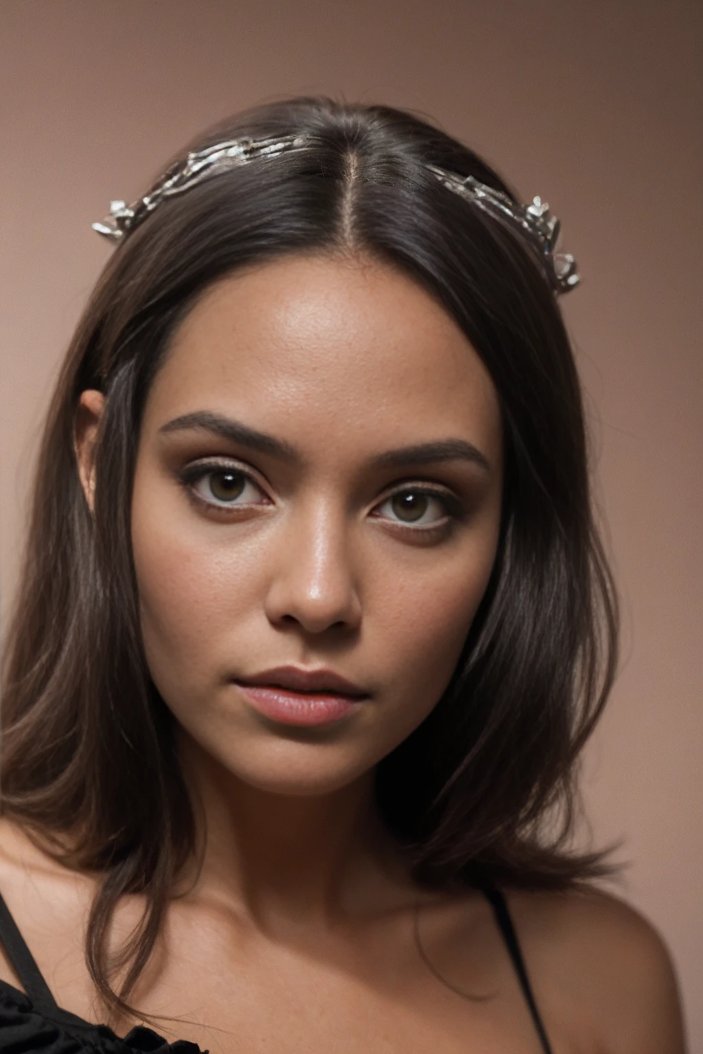 High fantasy bandit, beautiful 20 year old woman, human, dark tan skin, dark hair, dark eyes, high detail, portrait, ruby forehead circlet, fully clothed