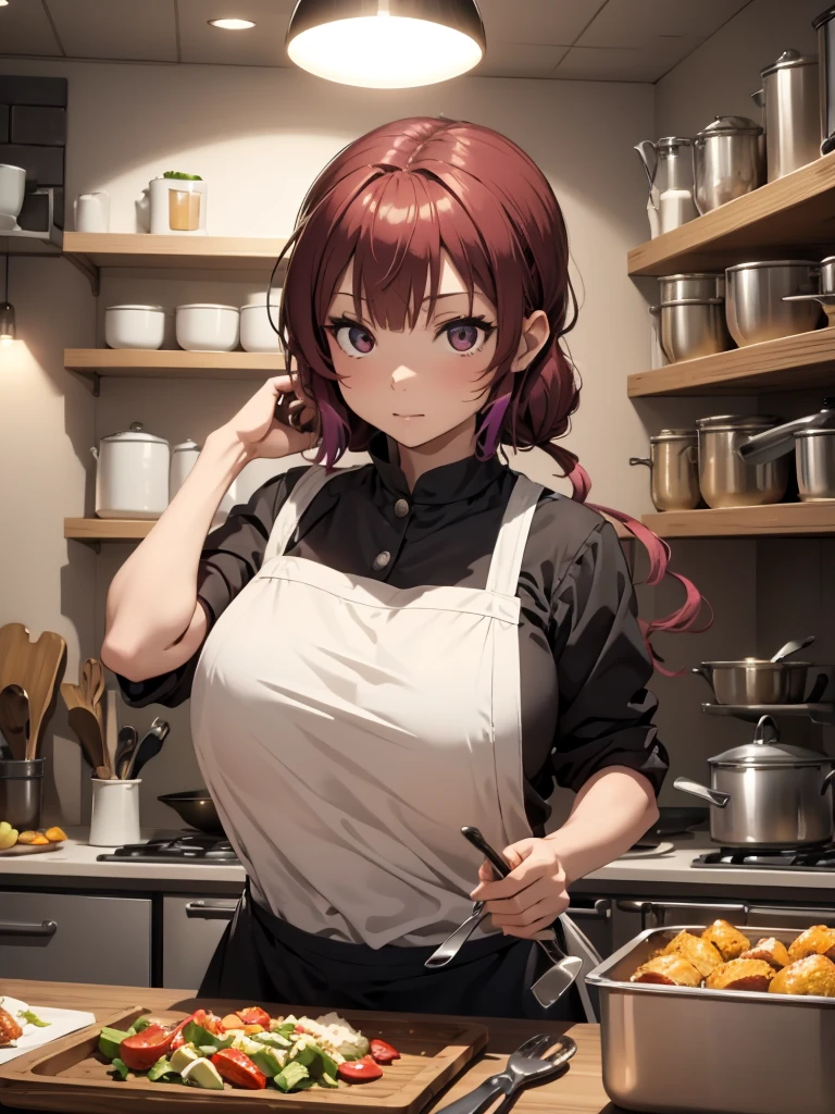 (​masterpiece、top-quality、hight resolution、Unity 8k、extremely details CG:1,Best Picture), ilulu, "A woman with a slightly bored expression, working quickly in a commercial kitchen. She’s preparing ingredients with skill, moving efficiently despite her detached look. The setting includes a stainless steel counter with cooking utensils and food items, and bright kitchen lighting."