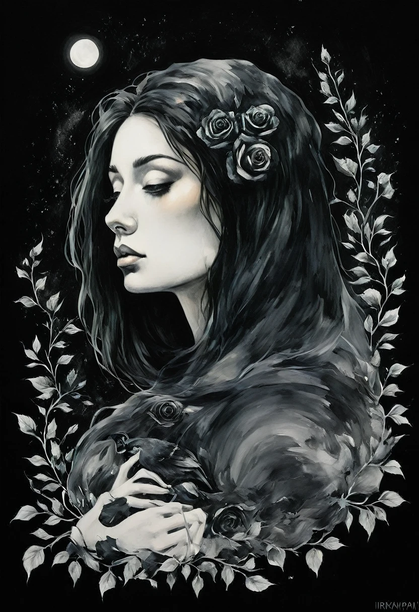 chiaroscuro technique on sensual illustration Illustration art, by IrinaKapi. Surrealism, vintage abstraction, girl with white raven and black roses, ultra details oh clothes, best quality, masterpiece, painting, concept art, emotionally, atmospheric, aesthetics of romanticism, represent transformation and the ability to see beyond the surface