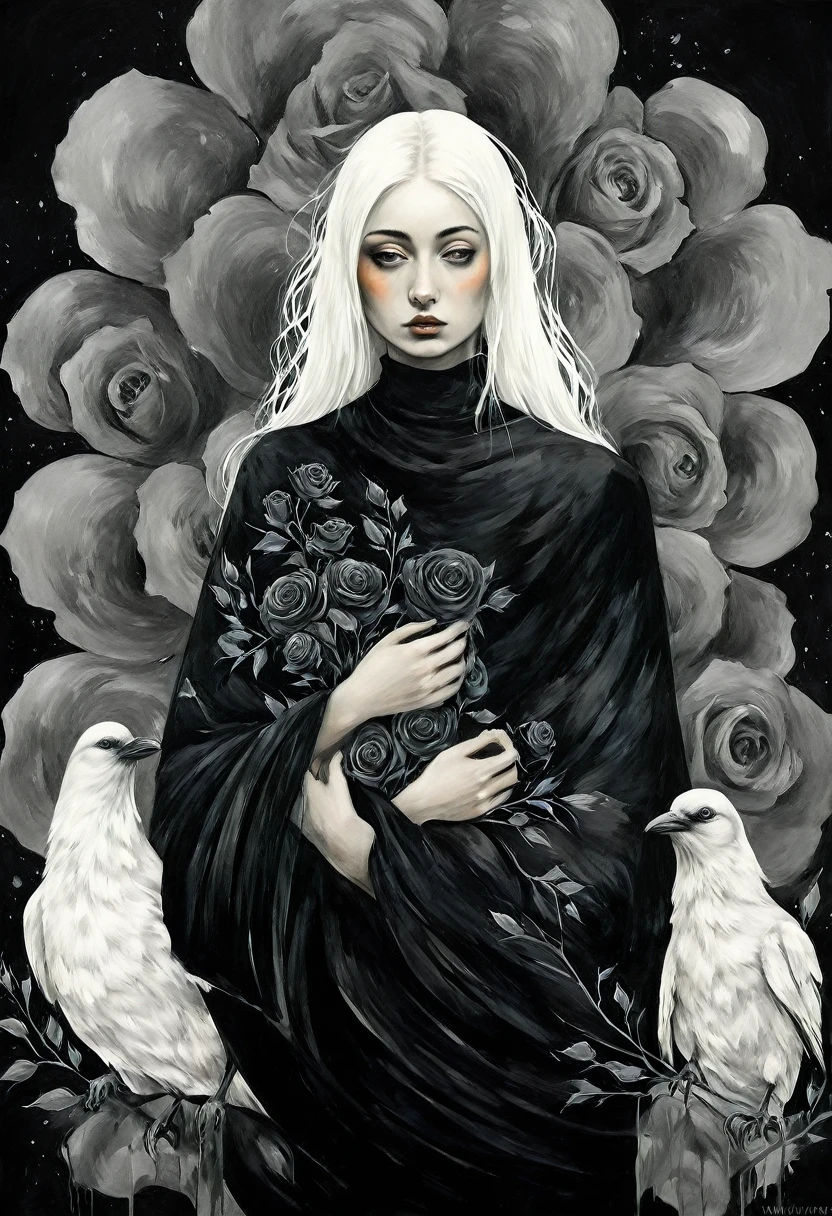 chiaroscuro technique on sensual illustration Illustration art, by IrinaKapi. Surrealism, vintage abstraction, girl with white raven and black roses, ultra details oh clothes, best quality, masterpiece, painting, concept art, emotionally, atmospheric, aesthetics of romanticism, represent transformation and the ability to see beyond the surface