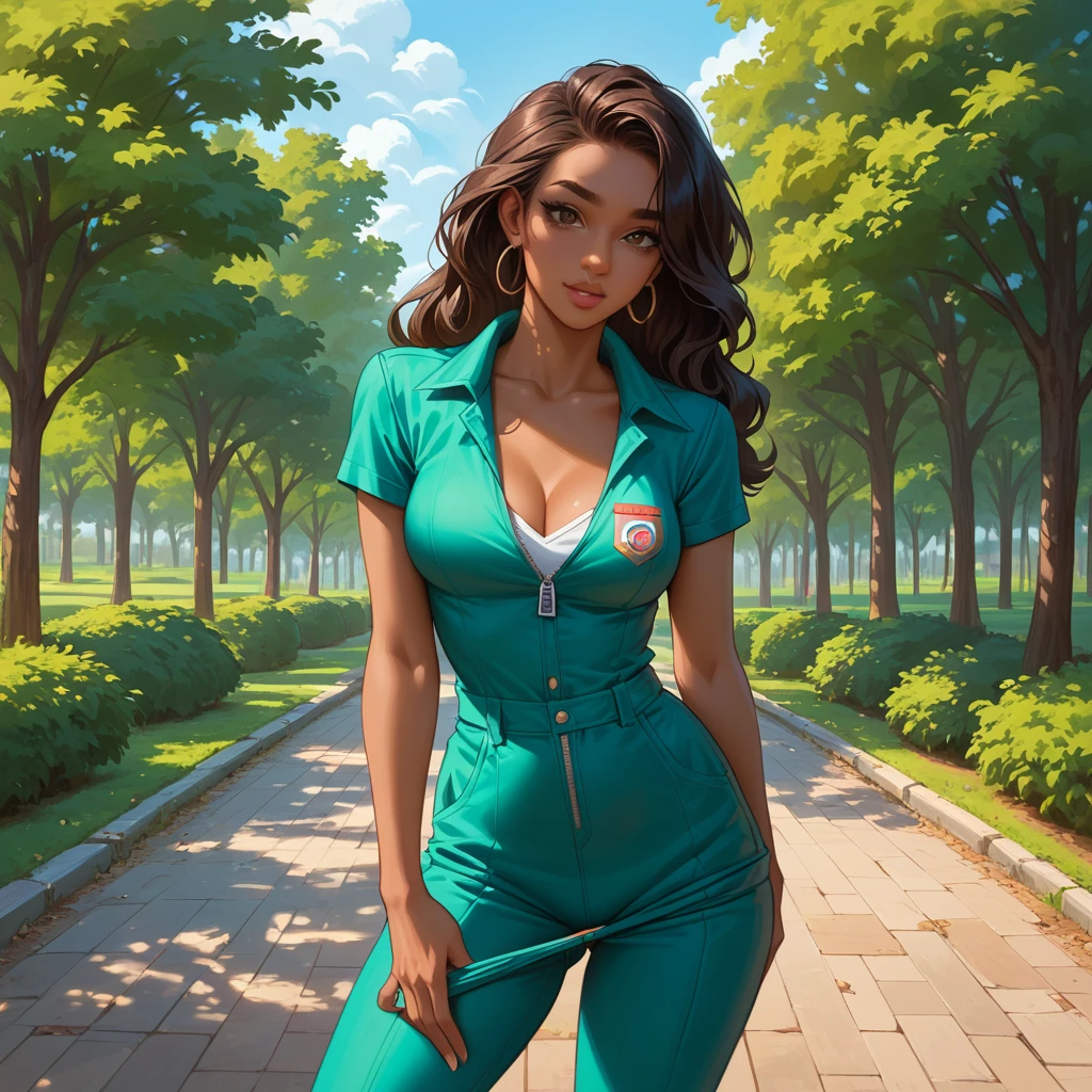 NSFW, erotic, perfect body, sexy, best quality, clear quality, high quality, 4K, 8k,  dark-skinned latina ,  is wearing a jumpsuit, dark-brown ,  longer hair,  brown eye , beautiful, attractive, adult, dark skin.  neckline t-shirt poses sexy, оттягивает лямку,  an evening at a park on an island , flirts,  Latin American dance teacher pulls off