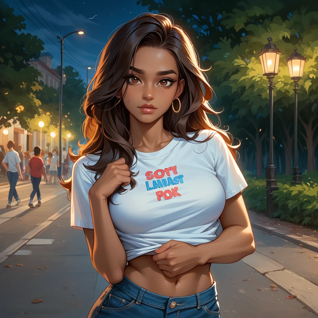 NSFW, erotic, perfect body, sexy, best quality, clear quality, high quality, 4K, 8k,  dark-skinned latina ,  dressed in sexy clothes, dark-brown ,  longer hair,  brown eye , beautiful, attractive, adult, dark skin.  neckline t-shirt poses sexy, irritated, a night at the park on the island , flirts,  Latin American dance teacher pulls off