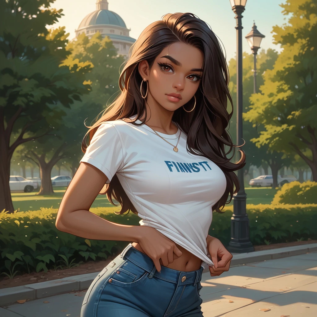 NSFW, erotic, perfect body, sexy, best quality, clear quality, high quality, 4K, 8k,  dark-skinned latina ,  dressed in sexy clothes, dark-brown ,  longer hair,  brown eye , beautiful, attractive, adult, dark skin.  neckline t-shirt poses sexy, irritated, a night at the park on the island , flirts,  Latin American dance teacher pulls off