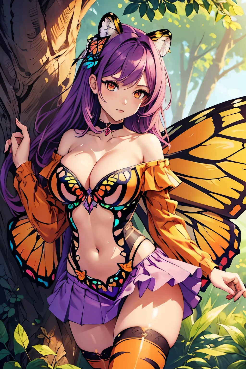 Draw a masterpiece, a girl with big butterflies wings full of colours, in a forest, Red hair, beautiful body like a goddess of forest, Hero body Is coloured with the dame coloured of the wings