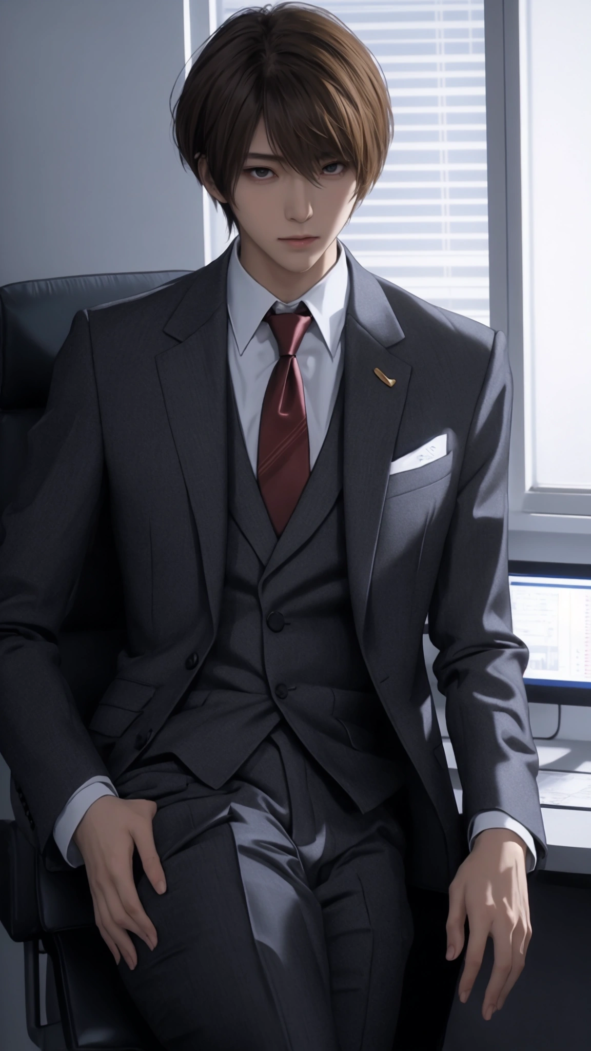 Light Yagami wearing an elegant suit with a confident posture in her modern office with graphics on the screens