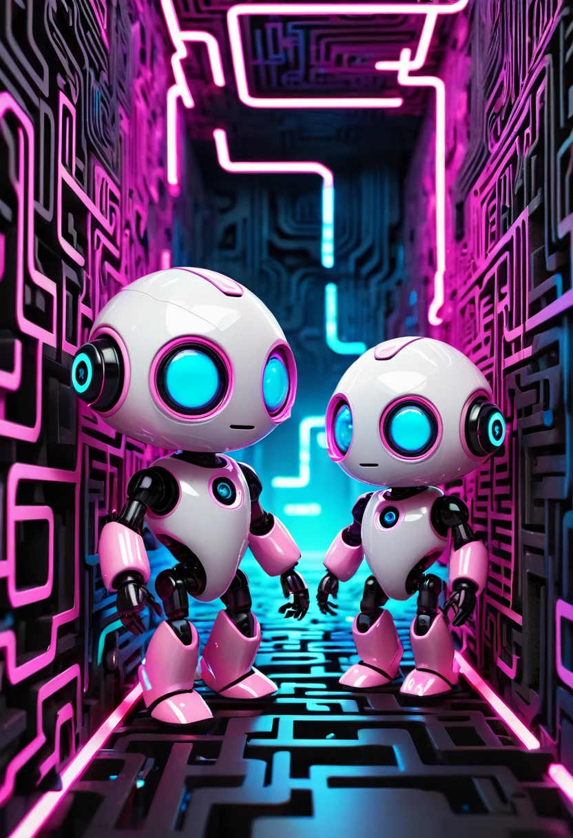 chibi, 2 robot, stray Robot Brothers, (white body, blue eyes) and (pink body, black eyes), cute, super deformed, wandering through a fluorescent maze, various effects, delicate and dynamic textures, 2.5D, digital graphic CG fantasy art, ultra detailed, absolutely resolution, best quality