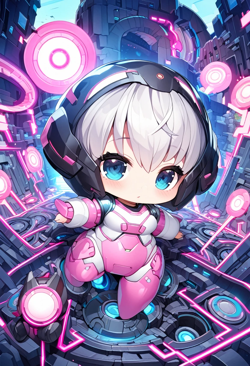 chibi, 2 robot, stray Robot Brothers, (white body, blue eyes) and (pink body, black eyes), cute, super deformed, wandering through a fluorescent maze, various effects, delicate and dynamic textures, 2.5D, digital graphic CG fantasy art, ultra detailed, absolutely resolution, best quality