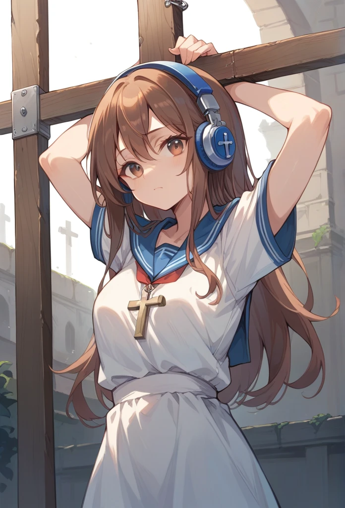  1 girl, cross, Crucifixion,Spread your arms,Brown Hair, Blue headphones