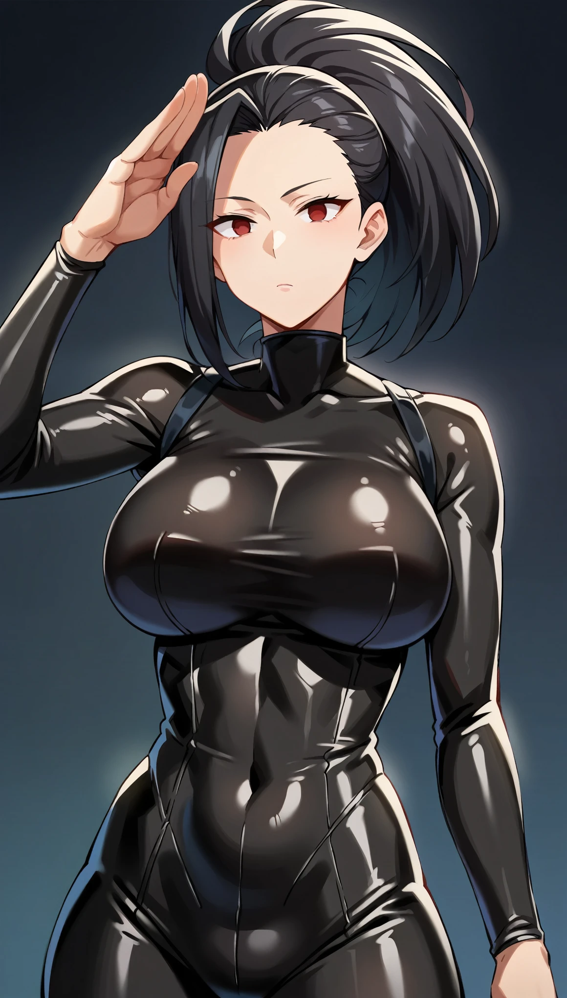  score_9,  score_8_up,  score_7_up,  score_6_up,  score_5_up,  score_4_up, BREAK Source_anime, 1girl,difficult,  yaoyorozu momo , long hair, bangs, black hair, ponytail, high ponytail, wide ponytail,(Red Eyes), Huge breasts,((empty eyes)),expressionless, (stand up, salute), (((Black latex rubber suit))),  black background ,  simple background,