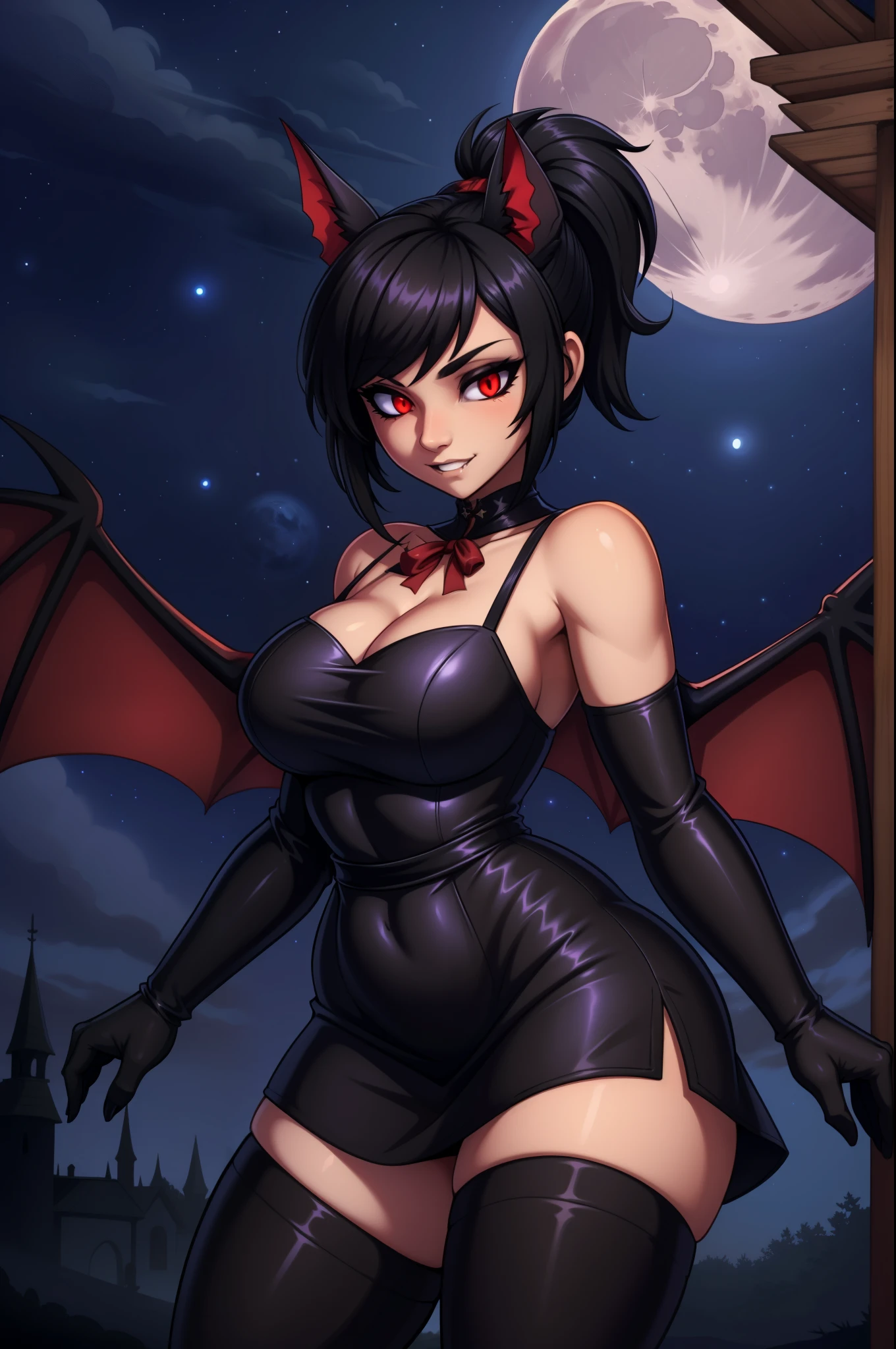 (masterpiece, best quality), medium shot, 1girl, (vampire fang), black leather sundress, red eyes, glowing eyes, bat wings, black hair, ponytail with red ribbon, side bang, night sky, full moon