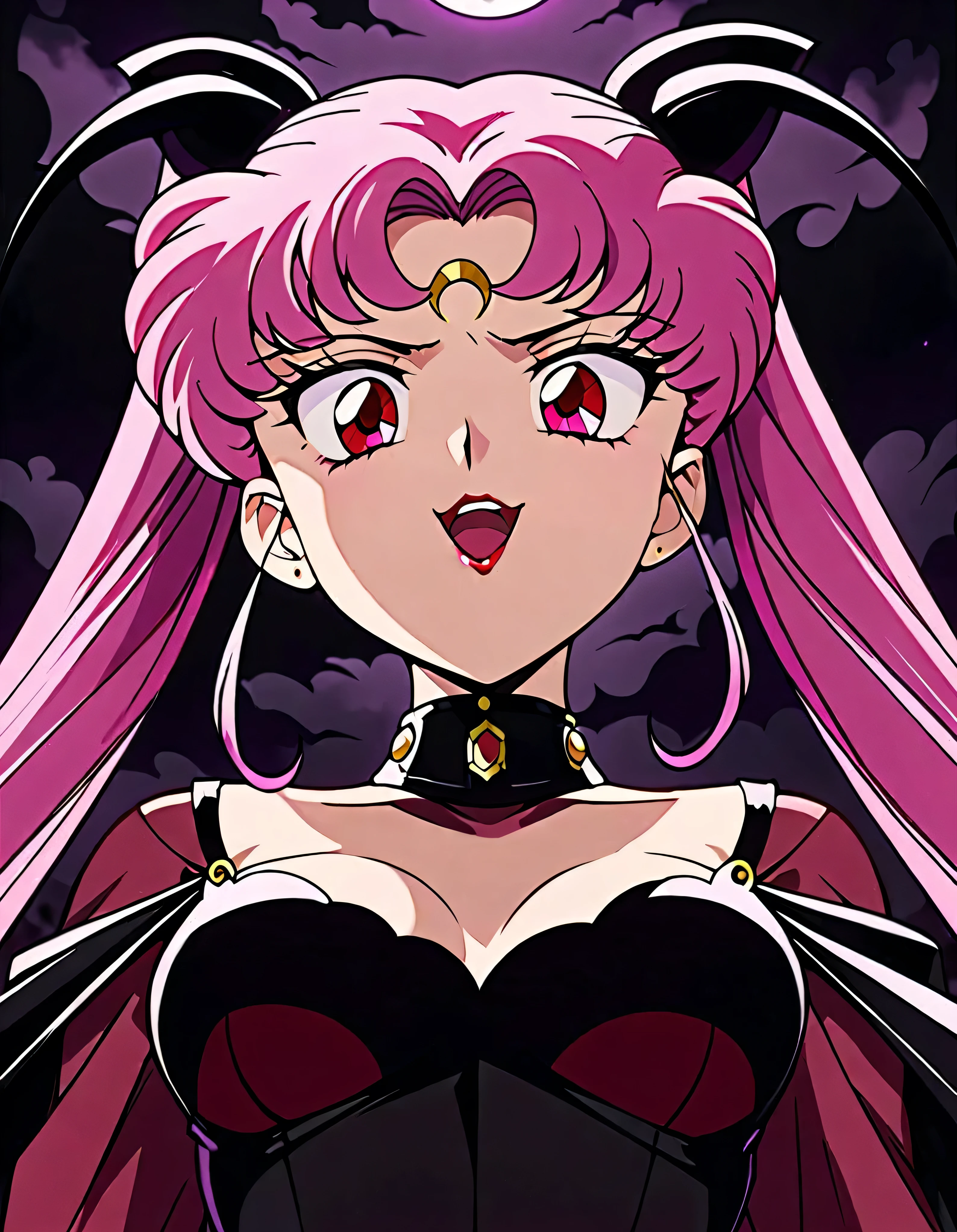 Sailor Moon's Wicked Lady, Pink Hair, Red eyes, , Black Crescent Moon Mark on Forehead , very evil smile,open_mouth,beautiful body,shaded face(eyes in evil shadow),((masterpiece,best quality)), absurdes,black dress,upper body,beautiful face,,looking down at viewer,twintail,,Sadistic ridicule,look down,looking down at viewer, ,evil darkness background,from below,close up,Dark Side、Alone、1girl,darkness,wander,Dark Dark Fantasy , Disturbing Purple Light