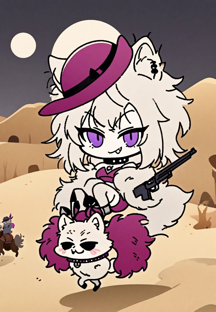 White Tanuki Hyena Pomeranian, Medium Hair, Spike Messy scraggly Hair, Circle Eye, Hyena Ear, Magenta Bowler hat, Maroon Crop Tops, Magenta Feather Boa, collar, Maroon Bow Tie, stockings, high heels, looking at viewer, evil smile, holding Gun, horseback riding, Desert, big lineart, digital illustration