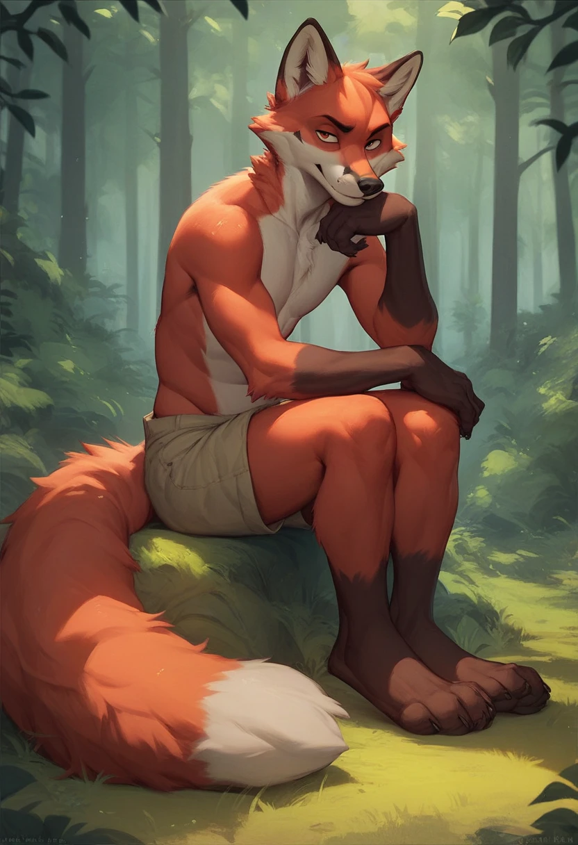 Fink, red fox, male, sitting, furry, full body, looking at viewer, forest background