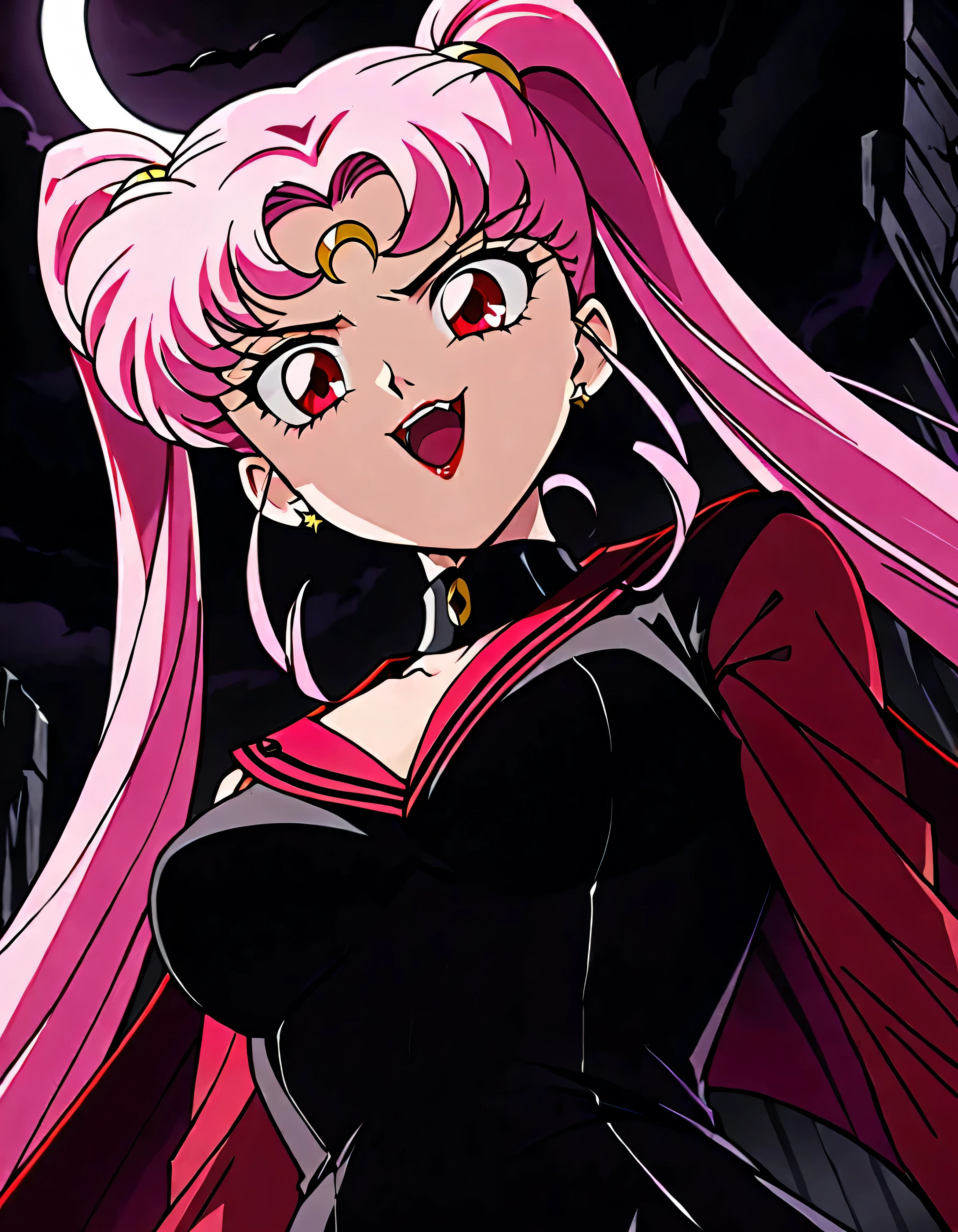  Sailor Moon's Wicked Lady, Pink Hair, Red eyes, ,  Black Crescent Moon Mark on Forehead , very evil smile,open_mouth,beautiful body,shaded face(eyes in evil shadow),((masterpiece,best quality)), absurdes,black dress,upper body,beautiful face,,looking down at viewer,twintail,,Sadistic ridicule,look down,looking down at viewer, ,evil darkness background,from below,close up,Dark Side、Alone、1girl,darkness,wander,Dark Dark Fantasy ,Disturbing Black Light 