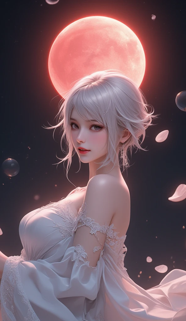  (1 girl), (of the highest quality,4k,8k,masterpiece:1.2),2.5D, girl , elf, hair rose, withe dress, background black and red, White skin, by the whites, short hair, pointy ears, look at the sky, sitting