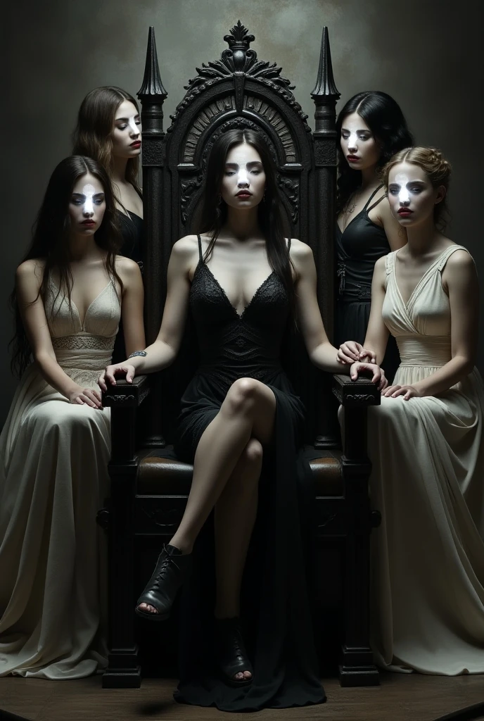(A ( evil girl , sit in the chair, Magical spiral eyes , fighting two sexy beautiful girls they are wearing legging, they got Hypnotized when they see into his eyes ,thees eyes also start glowing like the evil girls and knees on the floor and worship, two beautiful girls become he pet and kiss on the lips and hug and obeying to evil girl
( Then girls sit on thigh evil girl there head is down tilted forward)
(Then two girls with wearing legging kowtow to the evil girl with mind blank and become evil girls slave)
(Then Two girls stand up and salute to evil girls)
(realistic)