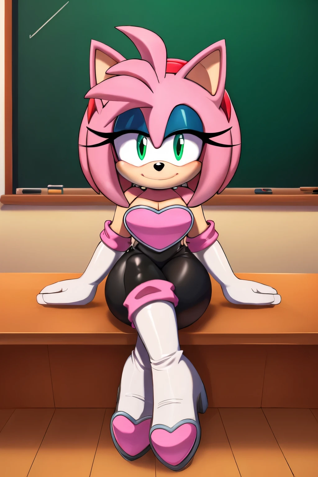 score_9, score_8_up, 2D, flat color, looking at viewer, (1girl), (solo), very detailed, extremely detailed, Amy Rose from the sonic the hedgehog series, portrait, smile, looking at viewers, hair down, hair bangs, large bust, milf, Rouge cosplay, cosplay, Rouge outfit, she wears a black skin-tight and strapless low-cut jumpsuit, a pink heart-shaped chest plate outlined with thin white trim, elbow-length white gloves and thigh-high high-heeled boots with pink cuffs to match them, with the latter featuring both gray soles and heels, along with steel toes in the appearance of pink hearts, matching her jumpsuit's chest plate, sitting on a table, legs crossed, indoor classroom in school with a chalkboard, a window of a nice sunny day, exit door peito gigande