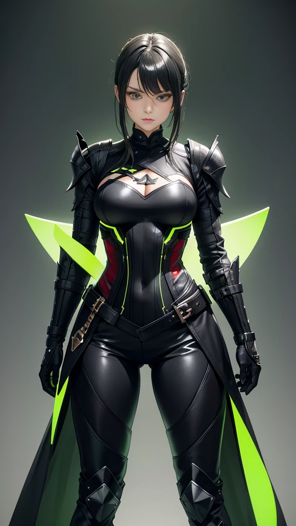 salad gren and black color pallete, female outfit concept art, original character, salad color, light green, a lot of detail, concept art, genshin impact clothing, pinterest concept art female clothing and armor, female in metal and leather bodysuit, syndicate agent, female clothing, female full body armor, metal, leather bodysuit, female pinterest clothing, bloody red, salad gren and black colors