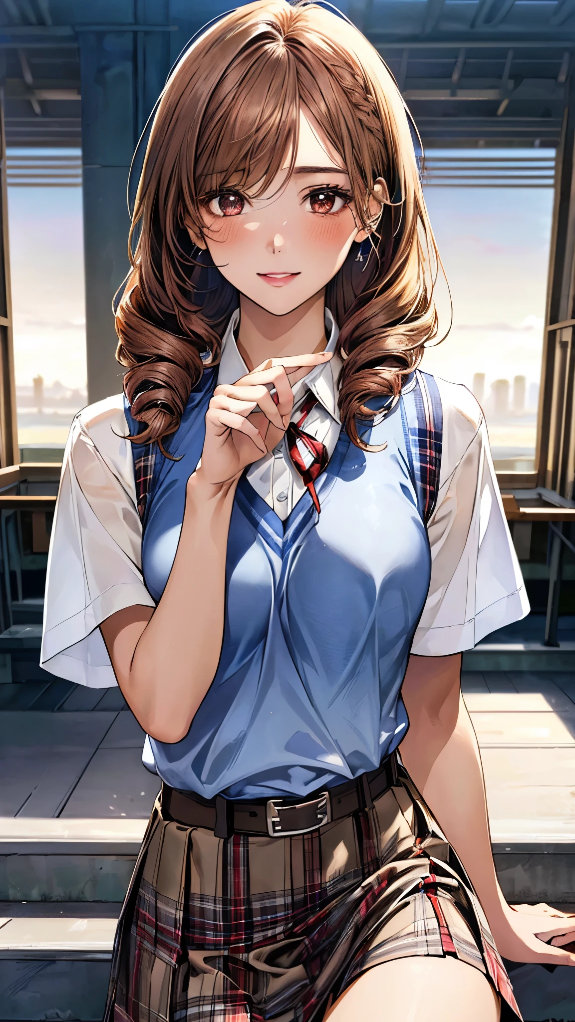 (masterpiece:1.3, top-quality, ultra high res, ultra detailed), (realistic, photorealistic:1.2), beautiful illustration, perfect lighting, natural lighting, colorful, depth of fields, (face focus, upper body),
beautiful detailed hair, beautiful detailed face, beautiful detailed eyes, beautiful clavicle, beautiful body, beautiful chest, beautiful thigh, beautiful legs, beautiful hands, shiny skin,
looking at viewer, 1 girl, high school girl, (perfect anatomy, anatomically correct, super detailed skin), cute and symmetrical face, babyface, perfect face, perfect eyes, perfect fingers,
(middle hair, drill hair, sandy beige hair), ((hair pulled back)), light brown eyes, long eyelashes, (large breasts, seductive thighs), slender, outstanding style,
((detailed cloth texture, light blue , school vest, tight skirt, belt, white collared shirt), red plaid hair ribbon),
(beautiful scenery), late afternoon, (riverside), walking, (smiling kindly:1.2),