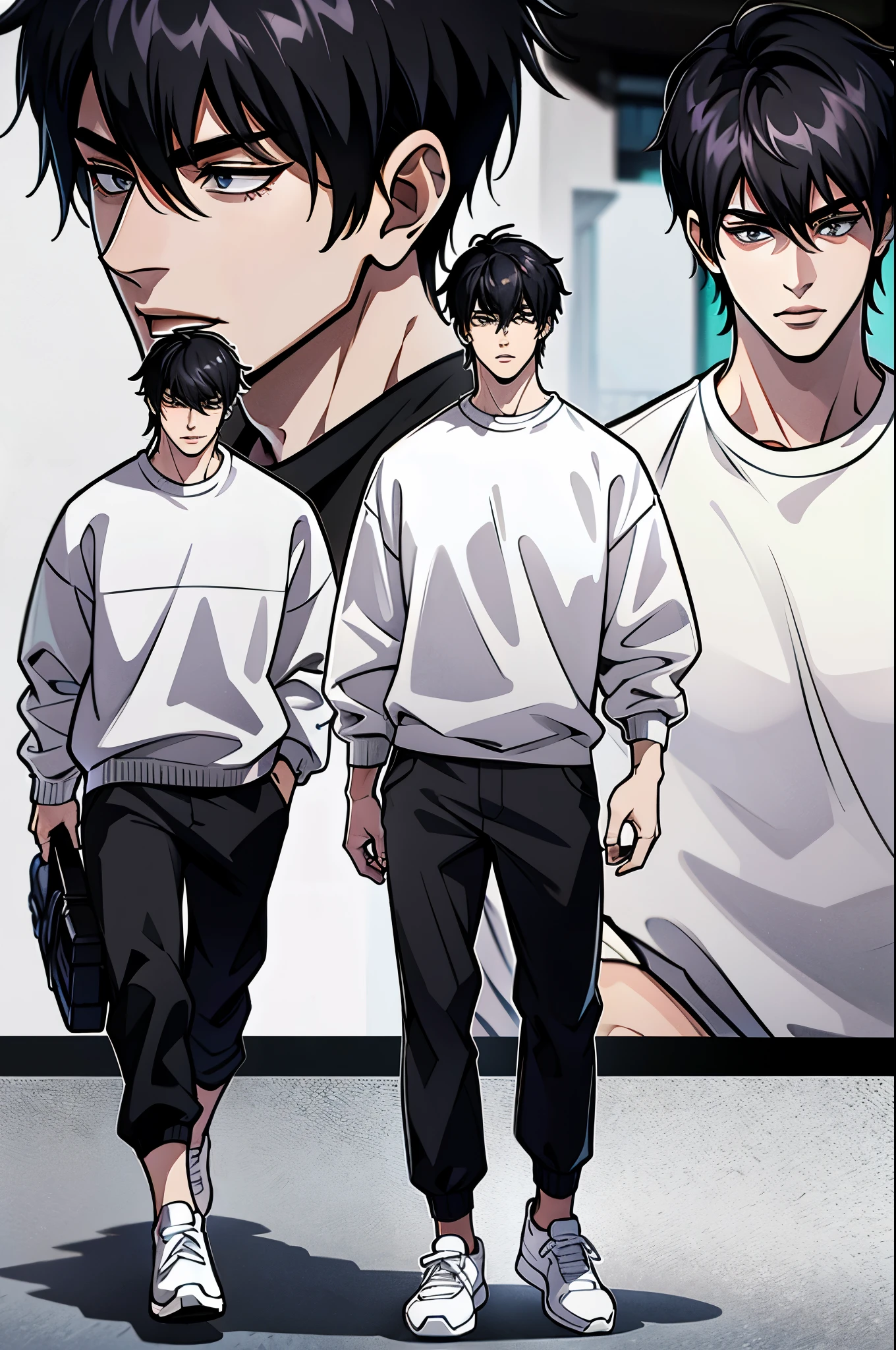 Character Sheet, Character Design, male, 20 years old, black hair, modern clothes, white sweater, black pants, white shoes, ((masterpiece)), 4K, 8K, 16K, UHD, Ultra HD, Ultra detailed