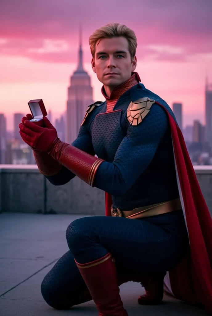 Homelander wearing a superhero outfit with a cape, blonde hair, blue eyes, red gloves, down on one knee, holding a small box with a diamond ring inside, proposing to the camera, POV proposal, 1boy, ((((((((((((((((((solo)))))))))))))))))), (((smiling))), full body, on the roof of a building in New York City, beautiful pink sunset, picturesque, 4k, masterpiece, ((((looking at the camera))))