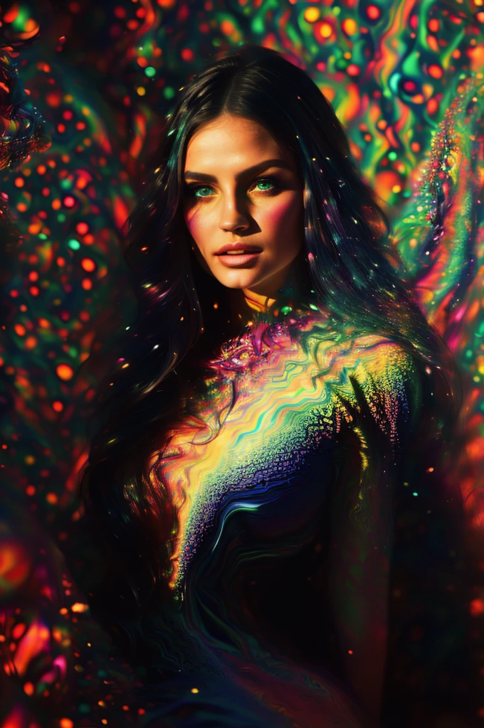 An image of a beautiful woman emerging from colors and a lot of lights, psychedelic dream, Beautiful woman morphing out of the colors, trippy vibrant colors, perfectly formed beautiful eyes, attention to detail on the eyes, beautiful psychedelic digital art, trippy colors, 4d mandelbulb psychedelics, psychedelic landscape, intricate rainbow environment, psychedelic forest, psychedelic colors, psychedelic neon women psychedelic clouds, psychedelic trip, fluorescent psychedelic aesthetic, psychedelic vibrant colors, bright psychedelic neon colors, kaleidoscope patterns of color in the background, paint splattered backgrounds,swirling spirals and vortex